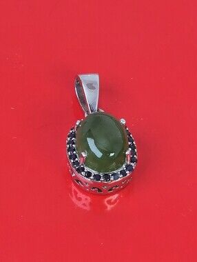 925 Sterling Silver Pendant 8x11mm with Natural Jade & Blue Sapphire Gems